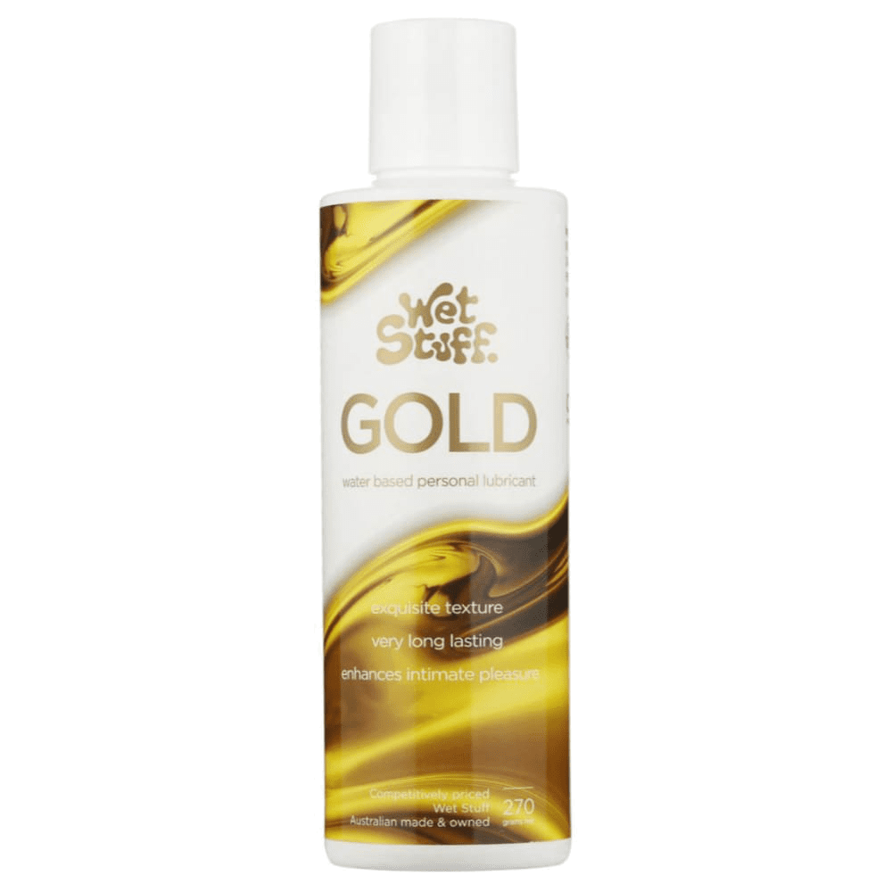 A white and gold bottle of Wet Stuff personal water based lubricant. 